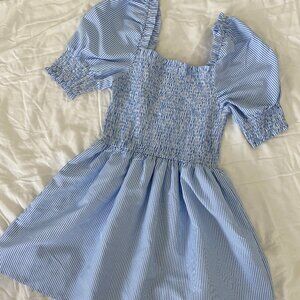 AQUA Bloomingdales Pin Striped Blue and White Puff Sleeve Mini Dress